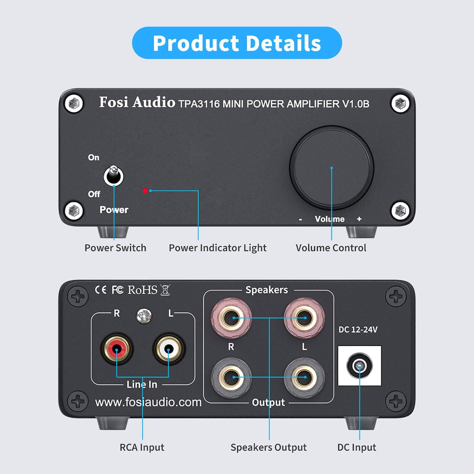 Fosi Audio V1.0 Mini Stereo Audio Amplifier - Image 3